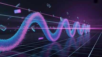 Futuristic Glowing Neon Particle Helix Wave on Grid Background