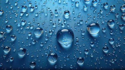 Abstract macro of transparent water droplets forming a textured pattern on a clean blue glass surface reflecting light, resembling rain or dew
