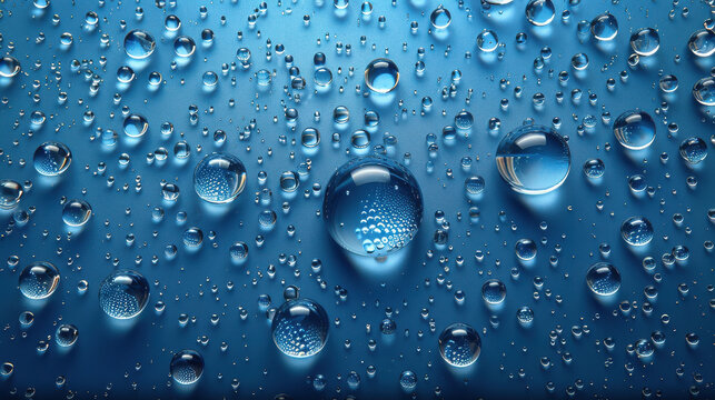 Abstract macro of transparent water droplets forming a textured pattern on a clean blue glass surface reflecting light, resembling rain or dew