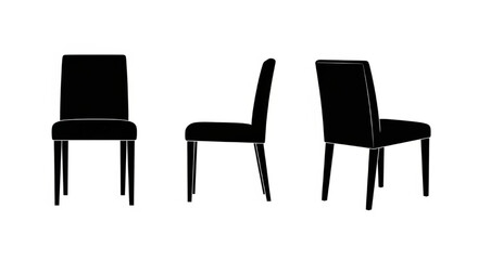 Chair Silhouette Vector Illustration Showing Front, Side, Back, and Diagonal Views in Minimal Furniture Style

