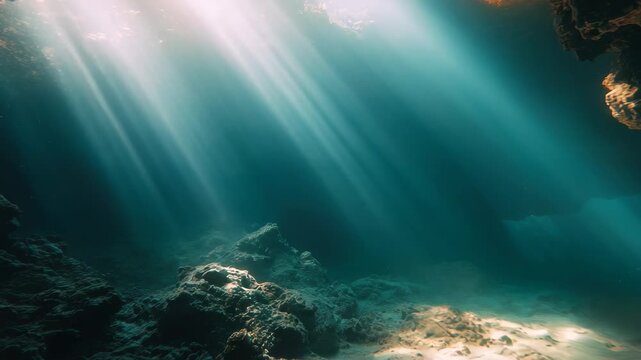 Underwater cave glowing with sunlight rays creating a serene and enchanting atmosphere in the depths of the ocean
