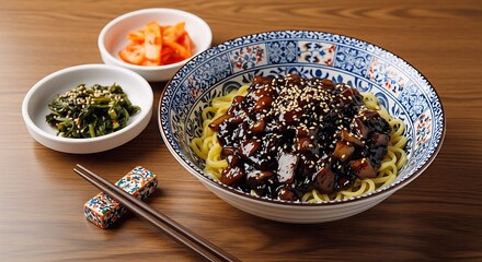A vibrant bowl of Jajangmyeon, featuring thick noodles generously coated in a rich, dark black bean sauce, garnished with sesame seeds served alongside traditional Korean side dishes.