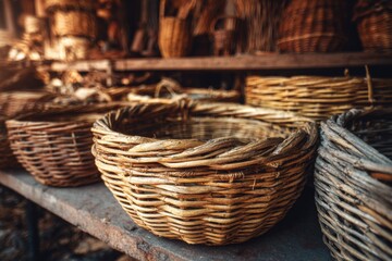 Craftsperson creating traditional woven baskets in artisan workshop showcasing natural materials and skilled techniques