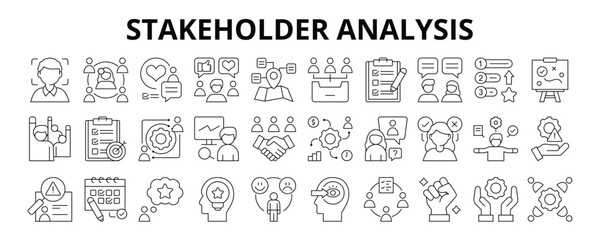 30 Stakeholder Analysis Line Icons Vector - Categorization, Priority, Communication, Objective, Impact, Risk Management, Attitude, Decision Making