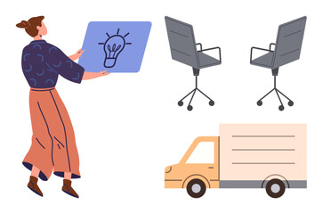 Woman holding a board with a lightbulb drawing, two office chairs, and a small delivery truck. Ideal for innovation, teamwork, logistics, office workflow, creativity, entrepreneurship and mobility