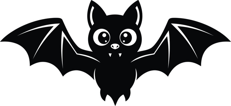 Cute cartoon black bat flying with open wings, simple graphic design