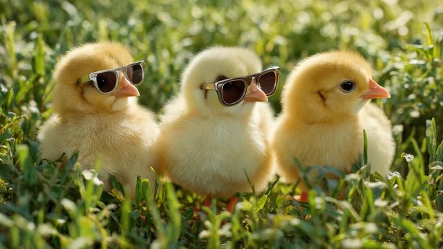 Three cute yellow chicks wearing sunglasses enjoy a sunny day in a grassy field while having fun together