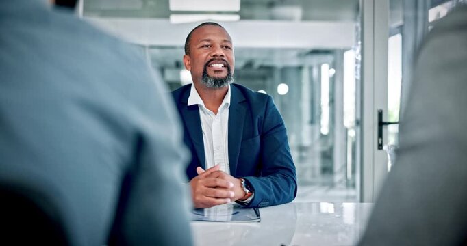 Business people, shaking hands or talk in office with meeting, b2b negotiation or finance proposal. Employees, handshake or discussion with collaboration, financial investment or venture capital fund