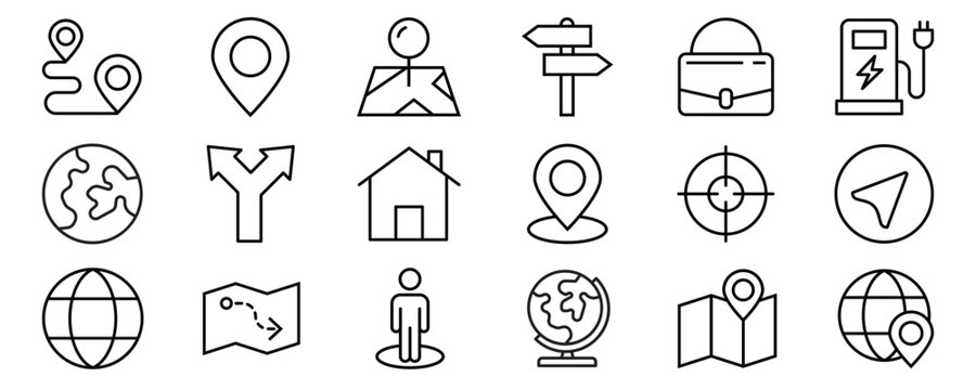 Navigation map and geolocation, GPS positioning. Coordinate grid quadrants, cardinal points, location finder. Travel route and waypoints planning. Thin line web icons set. Vector illustration