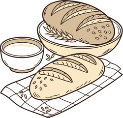 Two loaves of bread and a bowl of milk isolated on