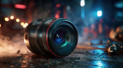 Captivating professional camera lens resting on wet textured ground with vibrant bokeh lights creating dramatic cinematic atmosphere