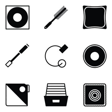Nine black and white icons of objects including aCD, brush, and cushion compact disc record
