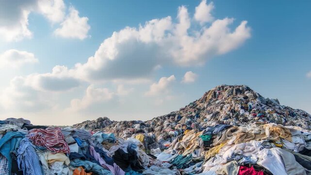 Textile waste mountain at landfill site shows discarded clothing under clear blue sky with fluffy clouds in background during daytime