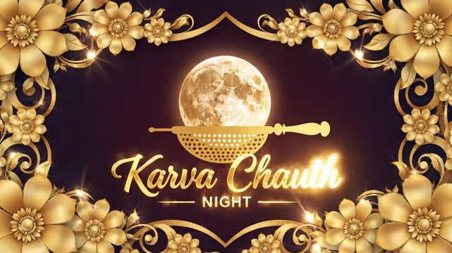 Karva Chauth Night Festive Background Golden Floral Frame Moon Sieve