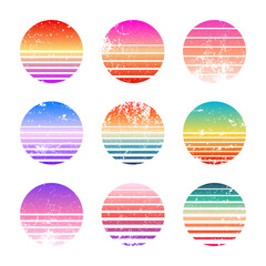 Grunge vintage colorful sunset. Striped gradient sunrise badges in 80s and 90s style. Sun and ocean view, summer vibes, surfing. Design element for print, logo or t-shirt. Vector illustration