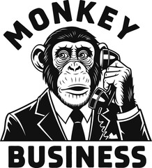 Monkey business chimpanzee in suit talking on retro telephone