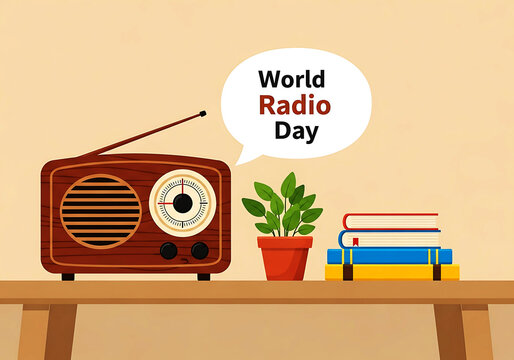 World radio day concept with a vintage wooden radio, a green potted plant, and a stack of colorful books on a wooden table, vector illustration - Powered by Adobe