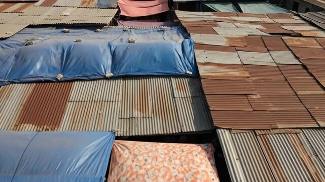 Old rooftop evolution with corrugated iron and blue tarpaulin transition