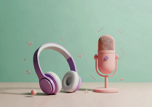 A pink retro microphone and purple headphones are arranged on a mint green background with scattered geometric shapes, representing audio, music, podcasting, World radio day
