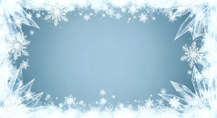 A beautiful frosty ice and snowflake border frames a soft blue background, perfect for winter themes.