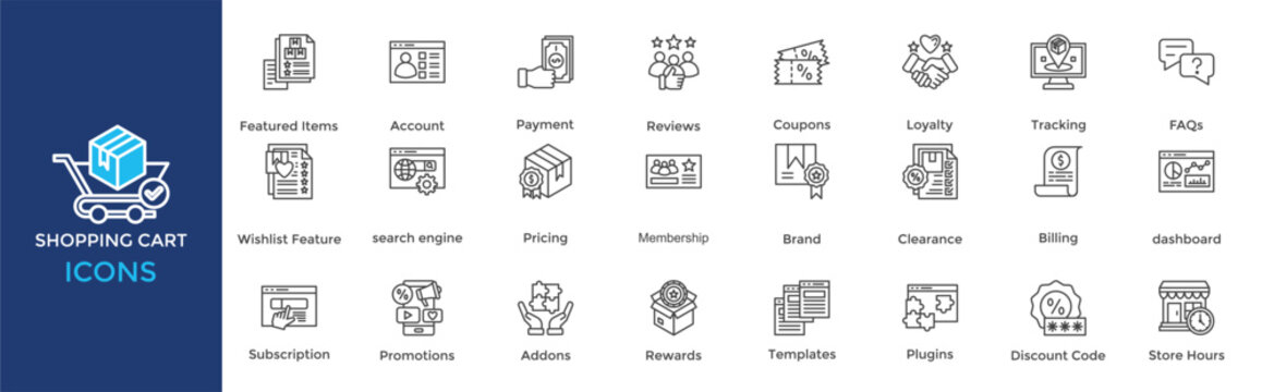 Shopping Cart icon set. Containing Account, Payment, Reviews, Coupons, Loyalty, Tracking