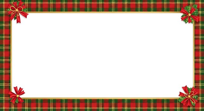 A festive rectangular frame with a plaid pattern in red, green, and gold, adorned with bows.