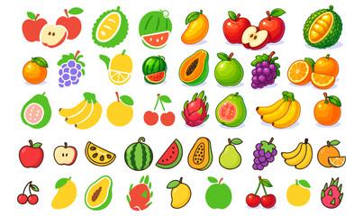 Colorful Fruit Illustration Set on White Background, colorful fruits, fruit illustration, digital artwork, cartoon fruits, vibrant colors, glossy shading, kid-friendly design, mango illustration, etc,