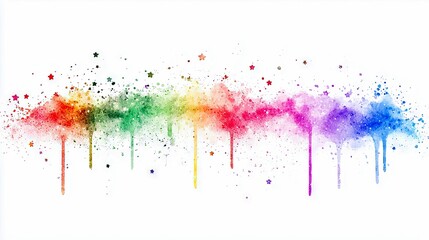 A vibrant rainbow watercolor splash with dripping paint and scattered stars creates a festive and energetic abstract design on a clean white background.