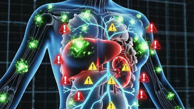 Medical Visualization of Human Anatomy Full Body 360 Scan Displaying Internal Organs and Vascular System with Health Alert Icons on a Futuristic Grid Background