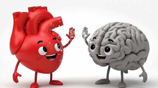 Cartoon heart and brain characters waving hello represent the balance between emotion and logical thinking in decision making.