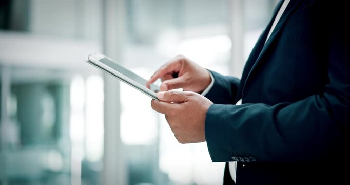 Research, online and hands with tablet, office or employee with project for wealth management on web. Investment banker, scroll and person with tech for financial analysis, info and risk assessment