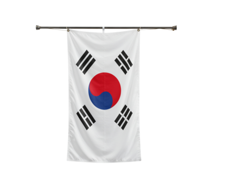South korean flag hanging on a pole isolated on transparent background, symbol of south korea