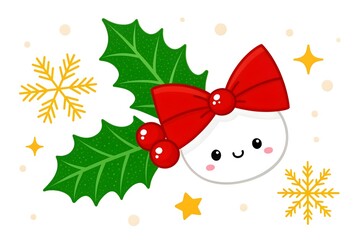Cute christmas pudding character with holly and red bow illustration