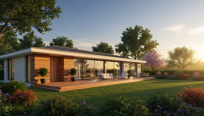 A modern house with a large glass window and a wooden deck surrounded by a green lawn and trees
