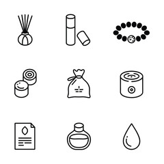 Set of nine black line art icons for wellness and beauty products Keywords: diffuser, reeds