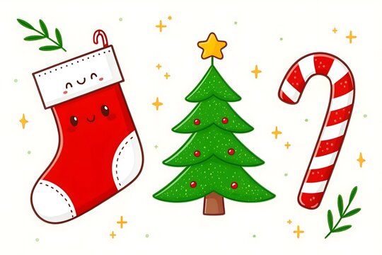 Festive christmas illustration with stocking tree and candy cane for holiday cheer