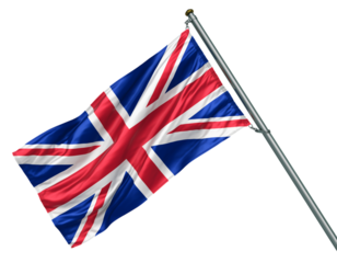 Union jack flag waving on a flagpole isolated on transparent background, symbol of the united kingdom