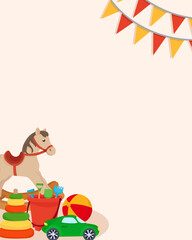 Cute card with decorations and kid's toys in background rocking horse ball car pyramid