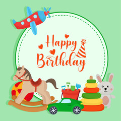 Happy birthday vibrant card for kid decorated with colorful toys plane car pyramide ball rocking horse
