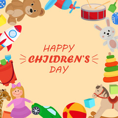 Happy children's day card circular frame with colorful vibrant toys doll ball pyramide sand toys rocking horse