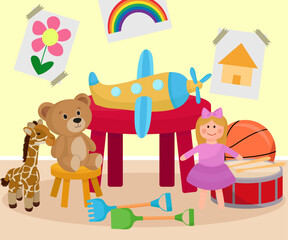 Cute stack of kid's toys in playing room and drawings on wall bear plush doll ball plane sand toys