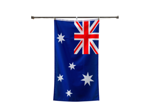 Australian flag hanging on a rod isolated on transparent background, a symbol of australia