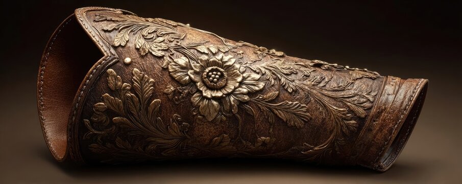Fancy embossed leather with western floral design concept. Intricate leather armor piece with floral design and details.