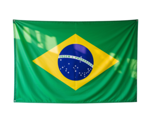The national flag of brazil is displayed, featuring green, yellow, blue, and white colors isolated on transparent background