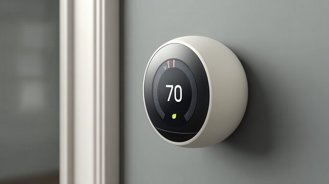 Modern smart thermostat displays 70 degrees on a grey wall showcasing home comfort and energy efficiency technology