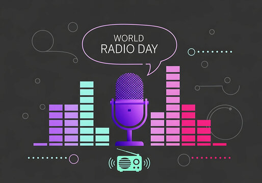 World radio day celebration graphic with a vintage microphone, vibrant sound equalizer bars, and a classic radio icon, symbolizing broadcasting and communication on a dark background