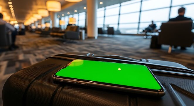 Green screen smartphone on luggage at airport lounge, showcasing travel and technology - Powered by Adobe