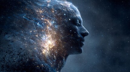 Conscious universe paradox glowing human form dissolving into galaxies symbolic fusion of mind cosmos surreal philosophical cosmology art