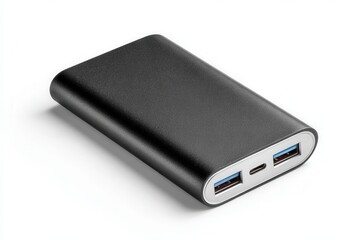 Fototapeta premium Sleek black portable power bank charger with dual USB ports and USB-C connection on a clean white background
