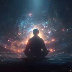 Cosmic consciousness concept meditating human surrounded floating galaxies neural light pathways connecting stars surreal cosmology art